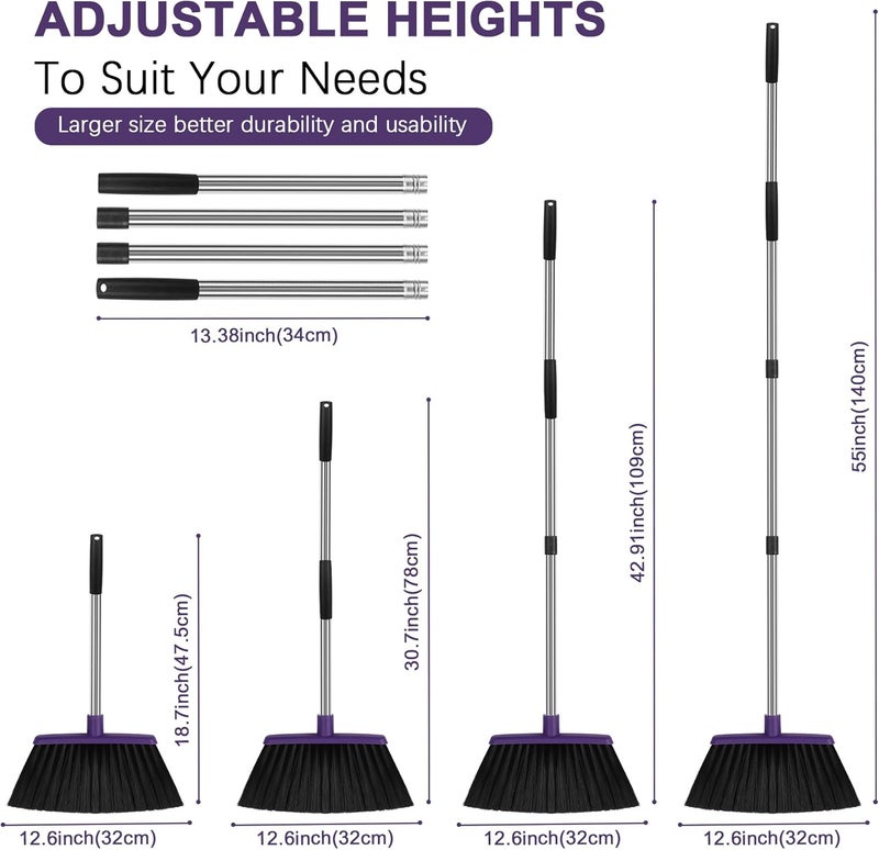 UDUK Heavy Duty Angle Broom, 55-Inch Long Handle Extra Wide 12.6 Inch Head, Stainless Steel Tube & PP Bristles for Pet Hair and Dust, Floor Safe - Purple - Image 2